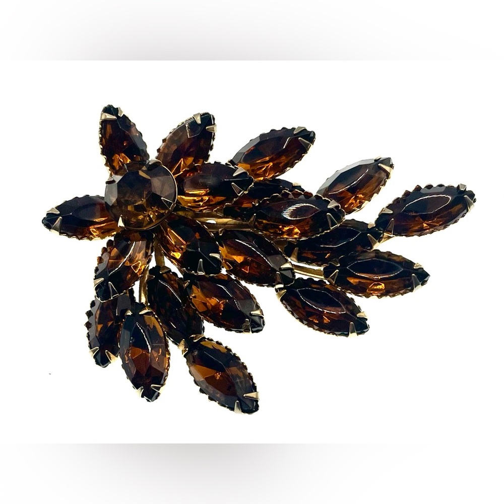 VTG 60s Large Gold Tone MCM Brooch Pin Prong Set Faceted Amber Colored Crystals